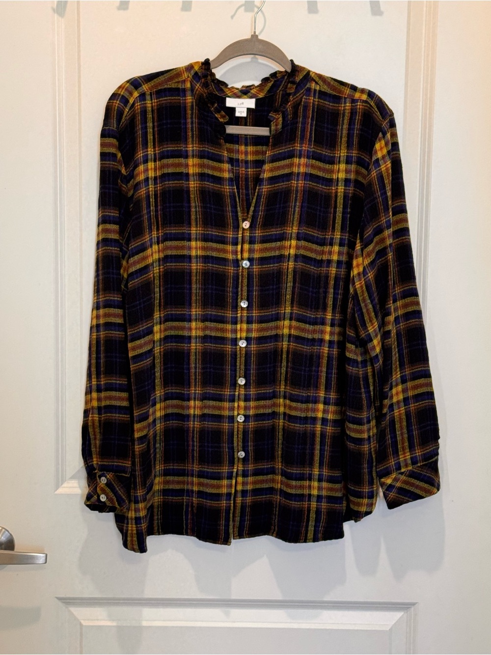 J. Jill Ruffle-Neck Plaid Button-Down